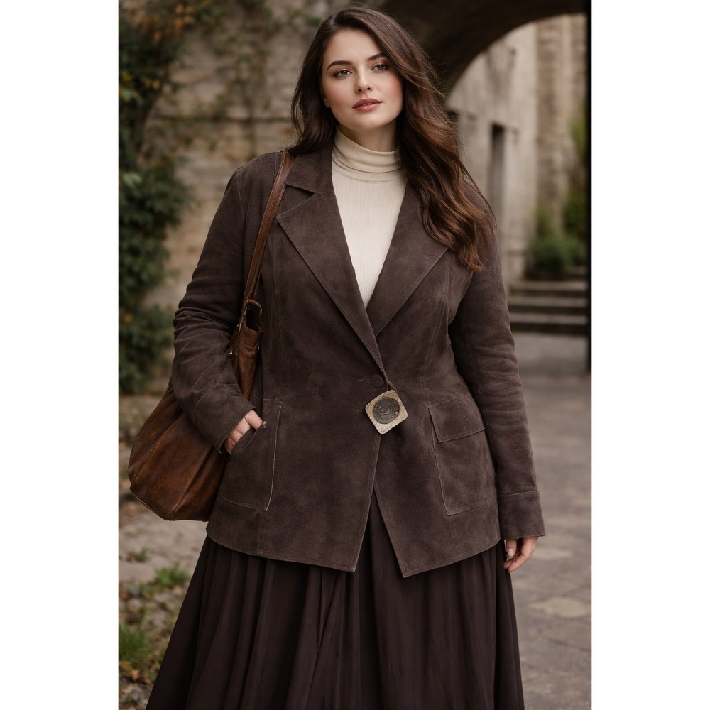 VTG Grownbeans Karen Groner Brown 100% Suede Leather Jacket 2X Lagenlook